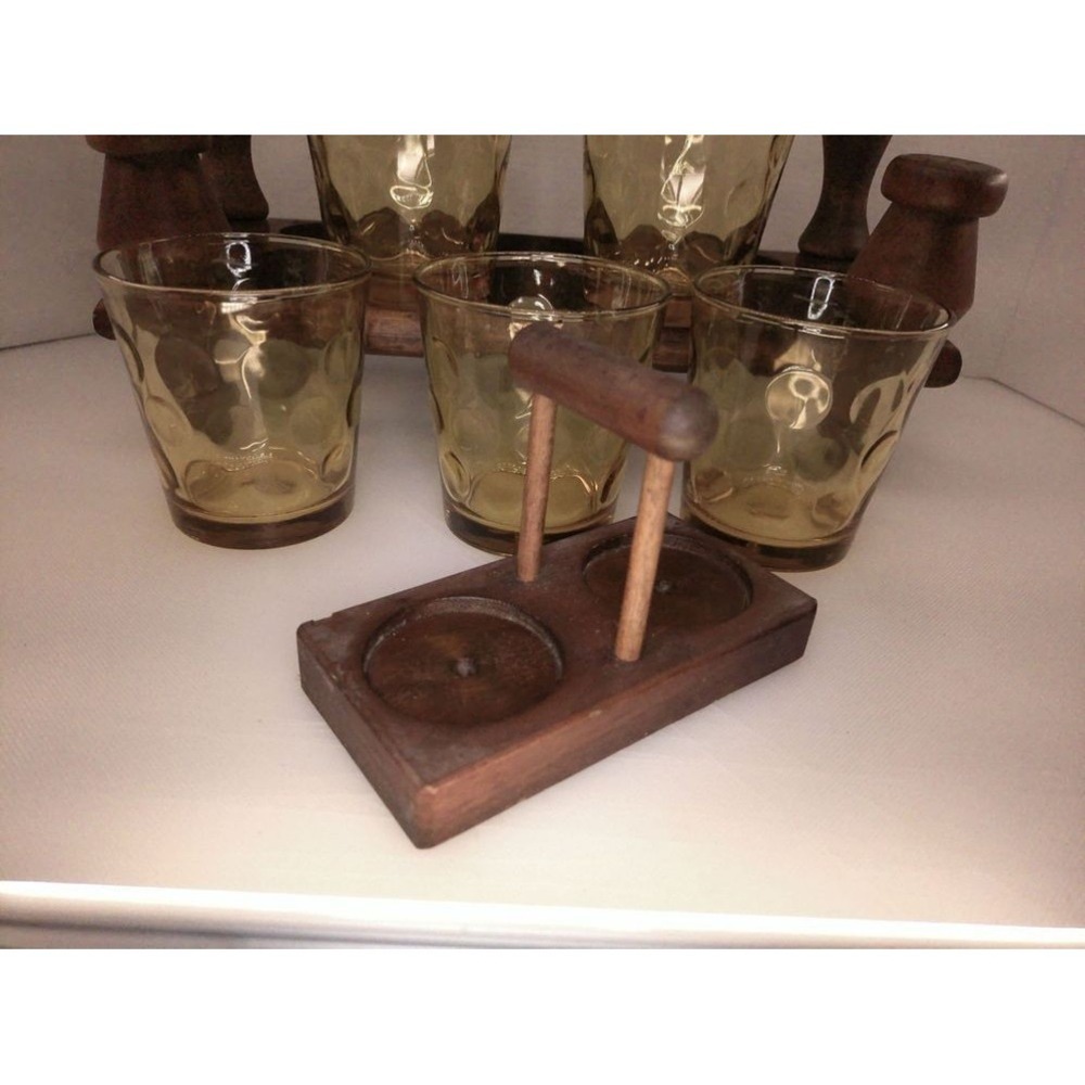 Vintage Amber Lowball Glasses Set of 6 with Wooden Caddy and Salt Pepper - Picture 3 of 8